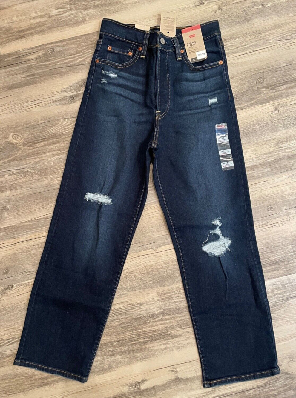 LEVI'S RIBCAGE STRAIGHT ANKLE JEANS SIZE 26x27 Women's Dark Wash Distressed